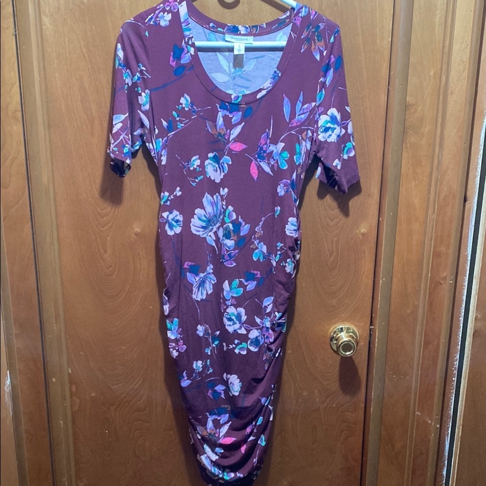 Red Ruched Bodycon Maternity Size Medium Floral Midi Dress